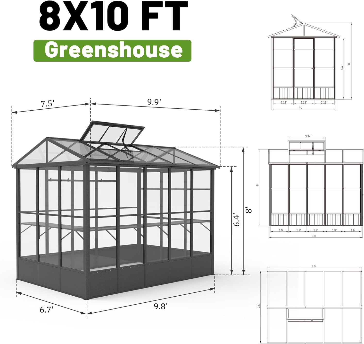 8X10 FT Greenhouses for Outdoors,Polycarbonate Green House for Outside, Automatic On/Off Vent System, Walk in Greenhouses Built-in Shelf & 5 Moveable Hooks, Green Houses for Potting, Flower