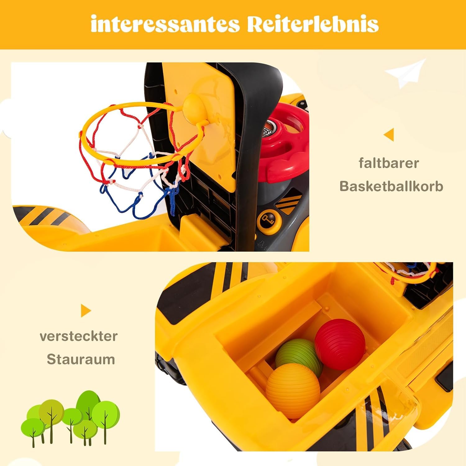 DREAMADE Bagger zum draufsitzen, Elektro Sitzbagger mit Internem Stauraum, Kinderbagger mit Basketballkorb & Sound-Tasten & 3 Bällen, Sandbagger Aufsitzbagger für Kinder ab 2 Jahren