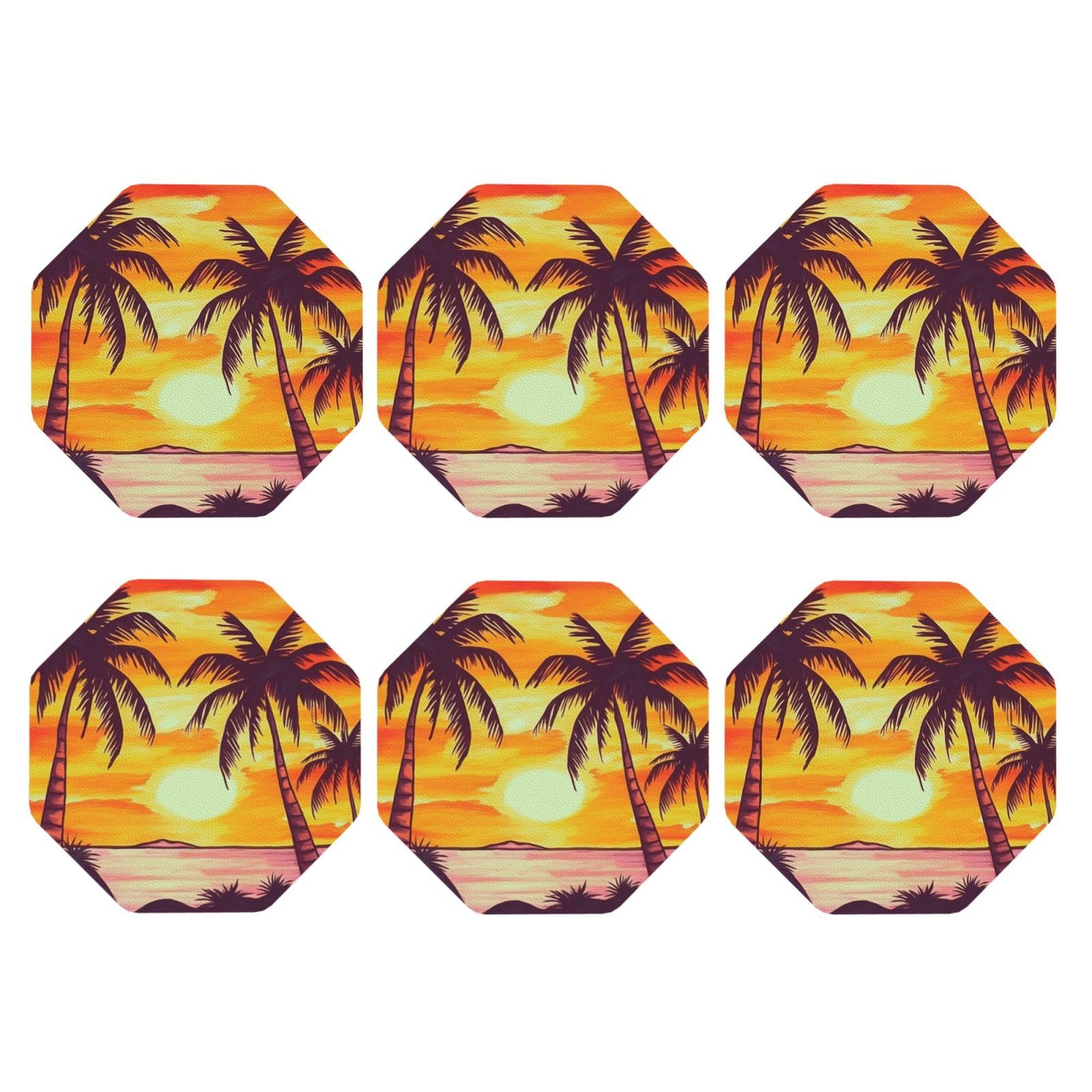 6pcs Leather Coasters for Drinks, Sunset Palm Tree Drink Coasters for Tabletop Protection, 4" Cup Coasters for Coffee Table Decor, Non-Slip Drinking Cup Mat for Hot Or Cold Drink