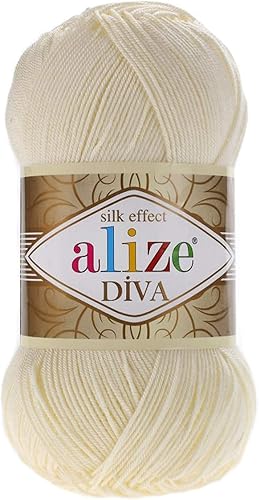 Alize Diva Silk Effect 100% hilo acrílico de microfibra, 1 madejas de bola de 3.53 oz 383yds color (1 - crema)
