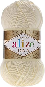 Alize Diva Silk Effect 100% Microfiber Acrylic Yarn 1 Ball skeins 100gr 383yds Color 1 - Cream