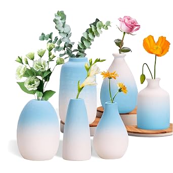 Ceramic Vase Set - Contains 6 Small Vases in with Gradient Colors,Suitable for Home,Table Centerpieces,Room and Office Decoration Blue