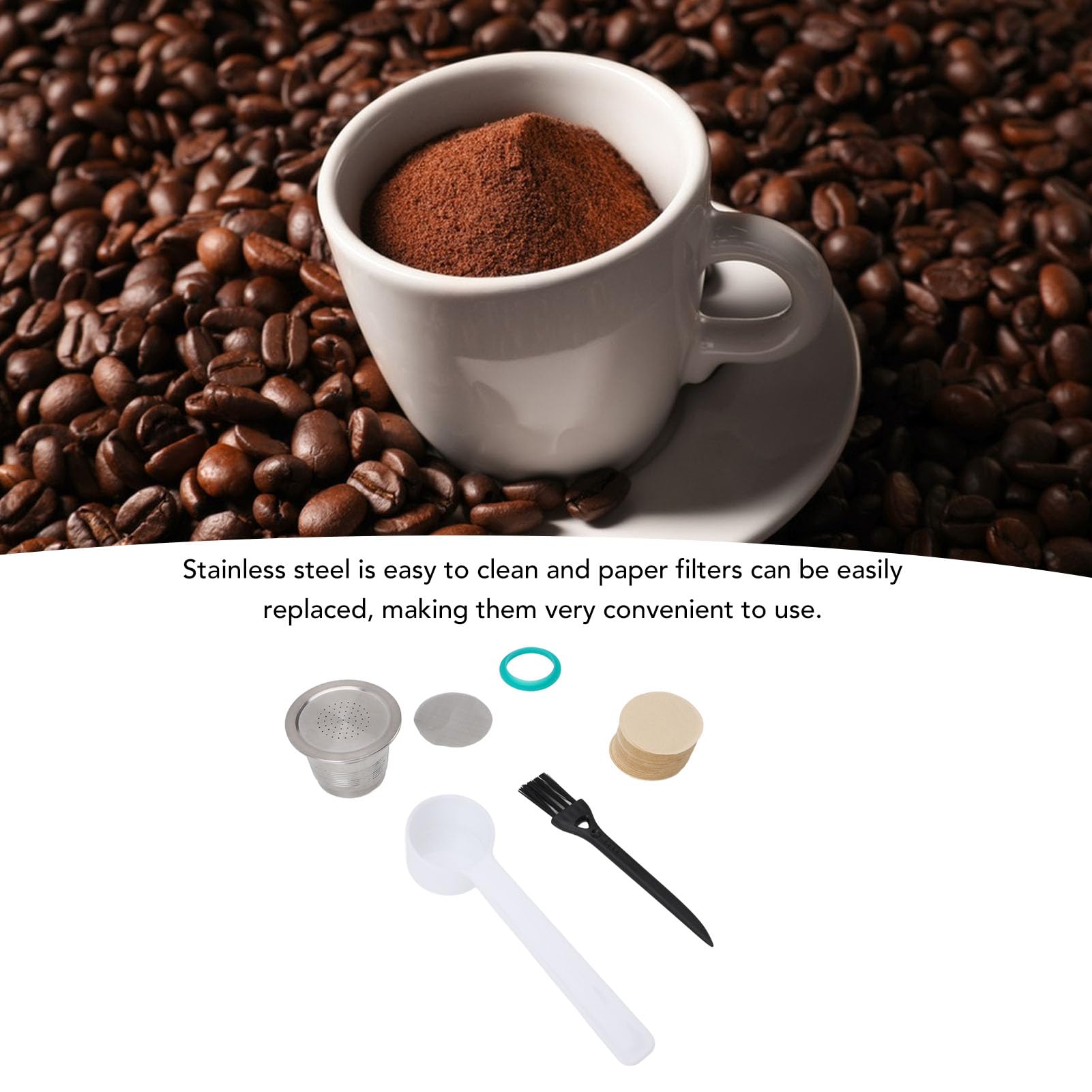 Juego de filtros de papel para cápsulas de café reutilizables de acero inoxidable con 100 filtros de papel, fácil limpieza, para el hogar, la oficina y los viajes.