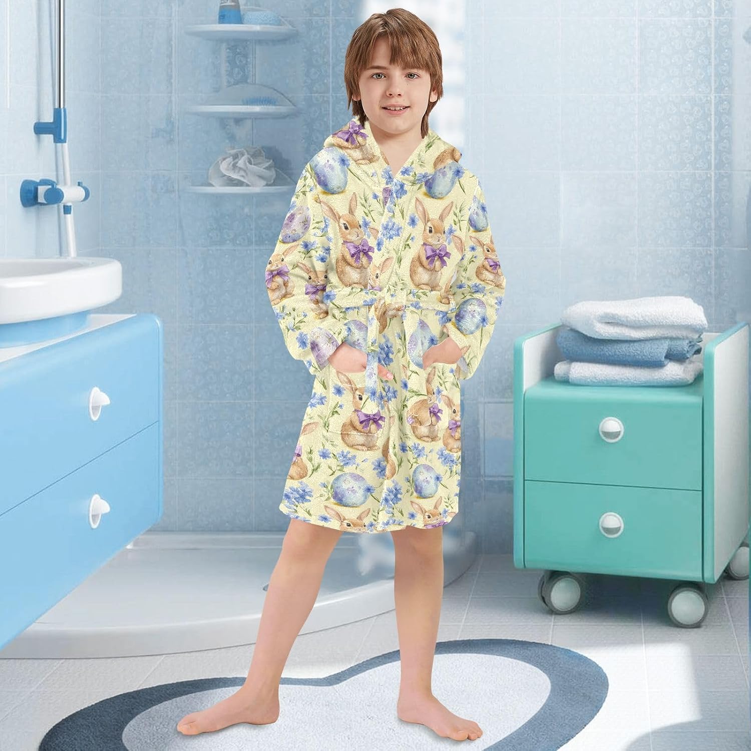 senya Easter Bunnies Eggs1 Toddler Hooded Bathrobe Kids Soft Plush Bath Towel Robes for Boys Girls 2-12 Years