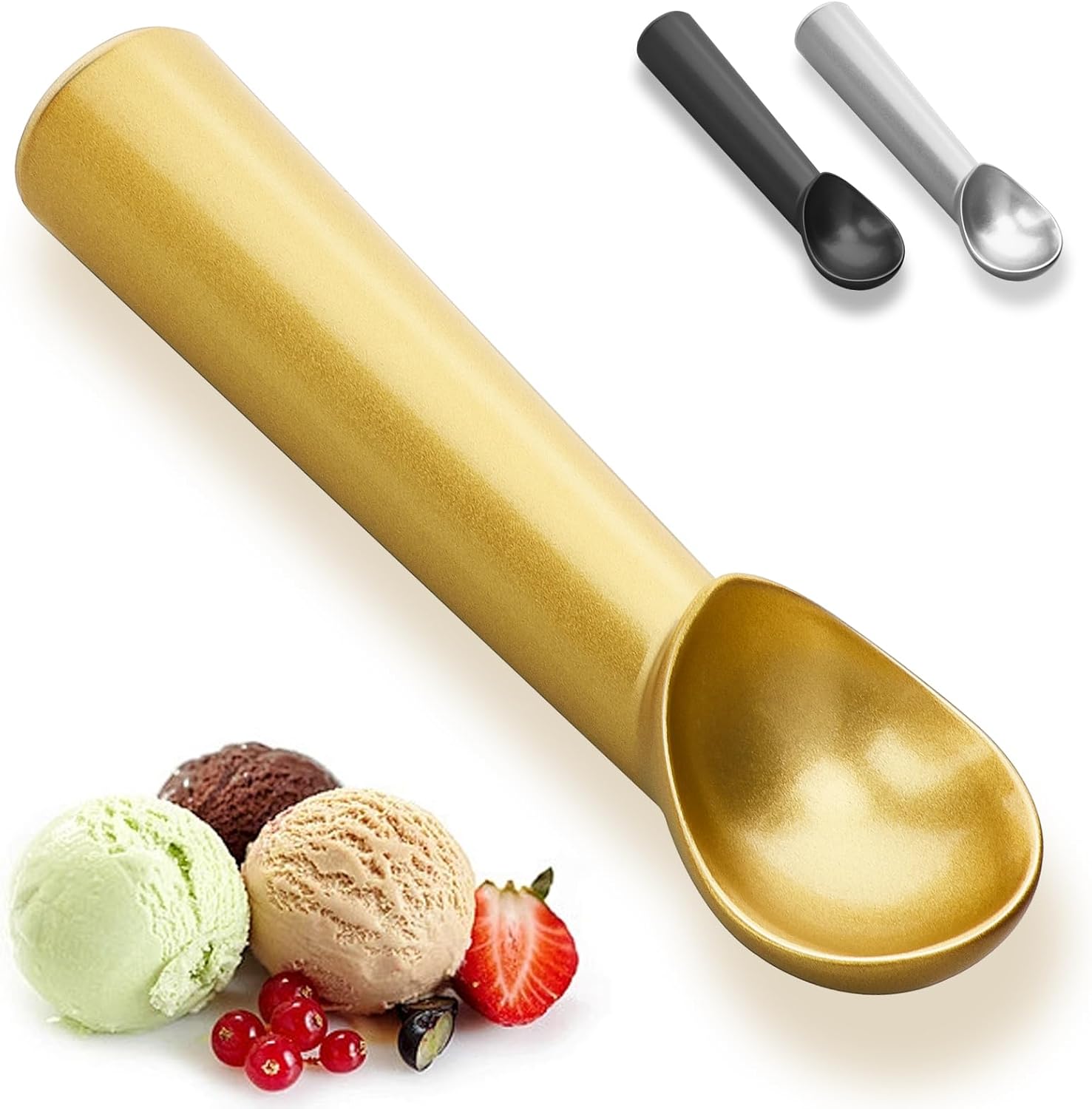 7 inch Ice Cream Scoop - One-Piece Nonstick Aluminum Ice Cream Scooper - Professional Metal Ice Cream Spoon - Durable, Easy to Use & Clean - Lightweight Cookie Spoon - Scoop Ice Cream (Gold)