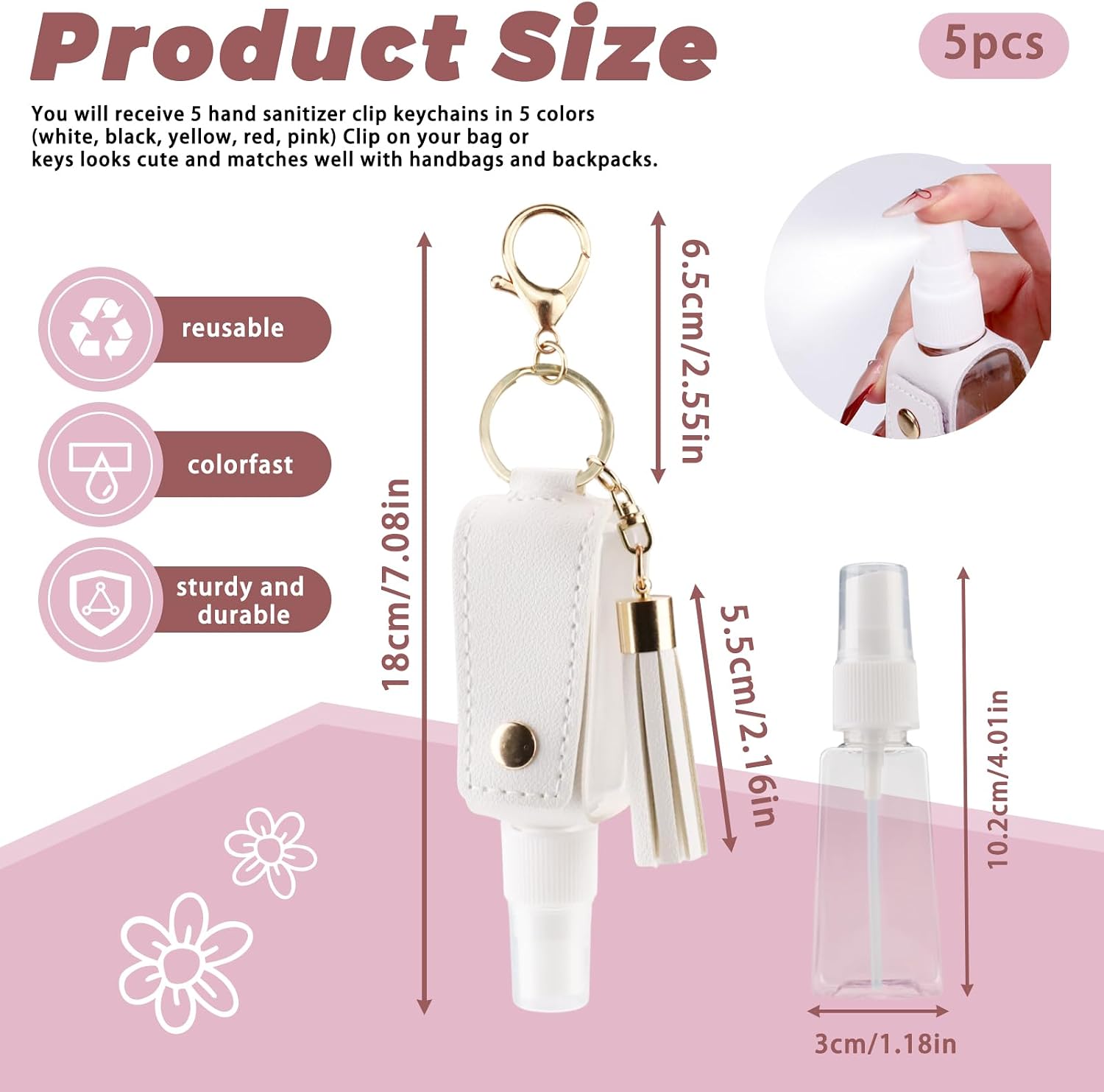 Huakaile 5 Pieces Portable Empty Travel Bottle Keychain, 1 Oz/30 ml PU Leather Lotion Holder Keychain, Refillable Hand Washing Fluid Holder Squeeze Bottles for Toiletry Liquid Soap Shampoo Suncream