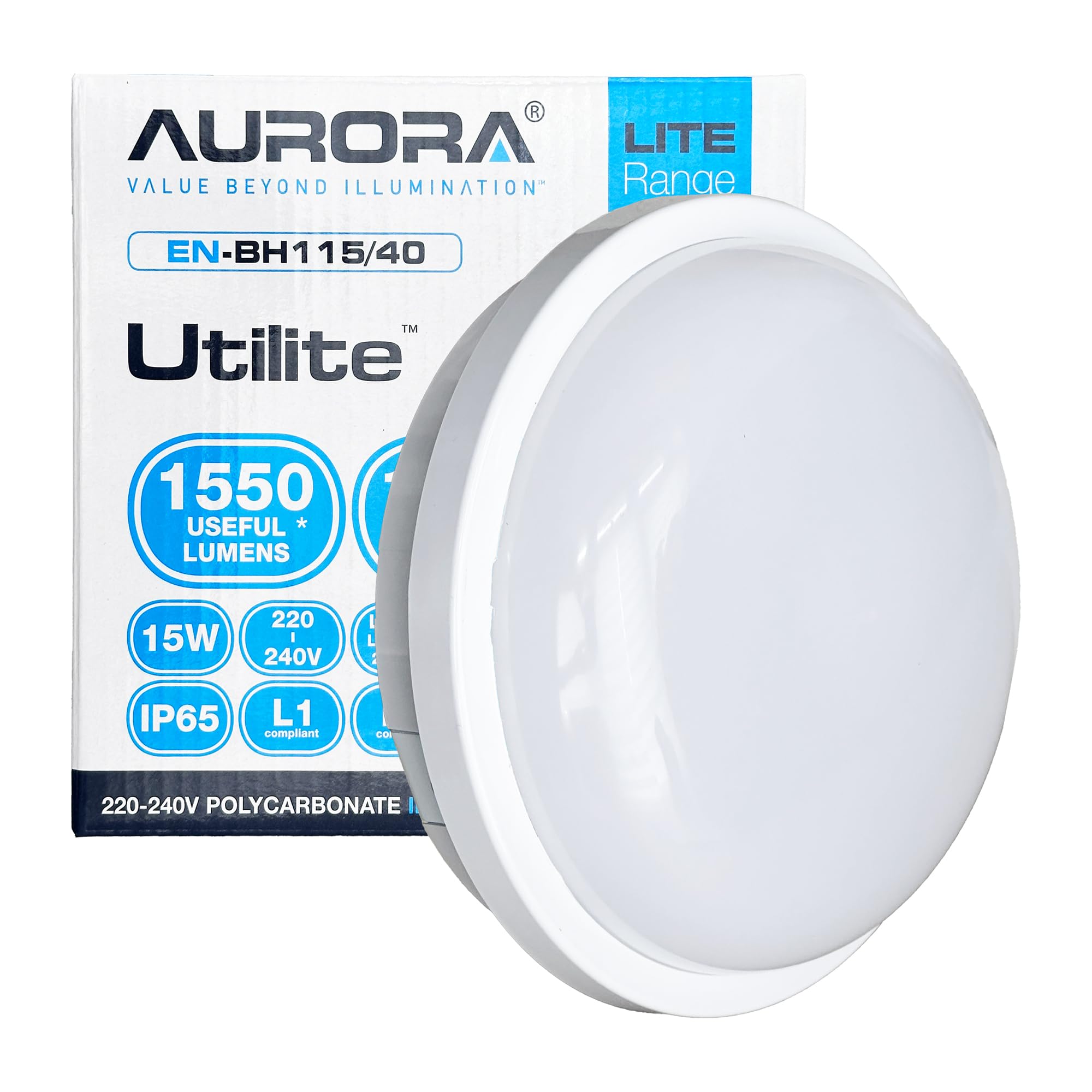 Aurora LED Wall & Ceiling Light 15W IP65 Waterproof Bulkhead 4000K 1550lm 167mm Round EN-BH115/40