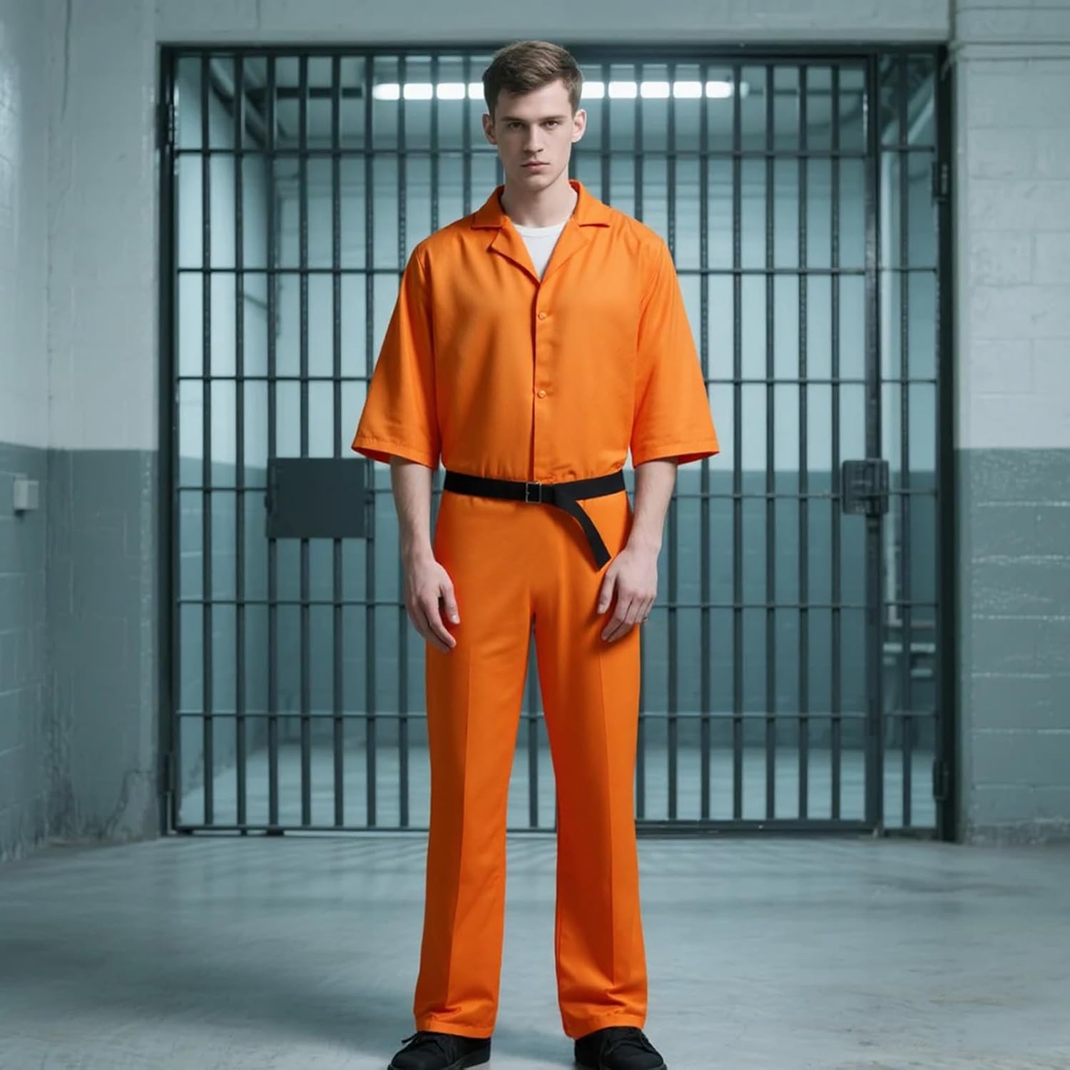 Prisoner Costume for Men, Orange Prison Jumpsuit Inmate Costumes for Halloween Jail Uniform Criminal Adults - Image 6