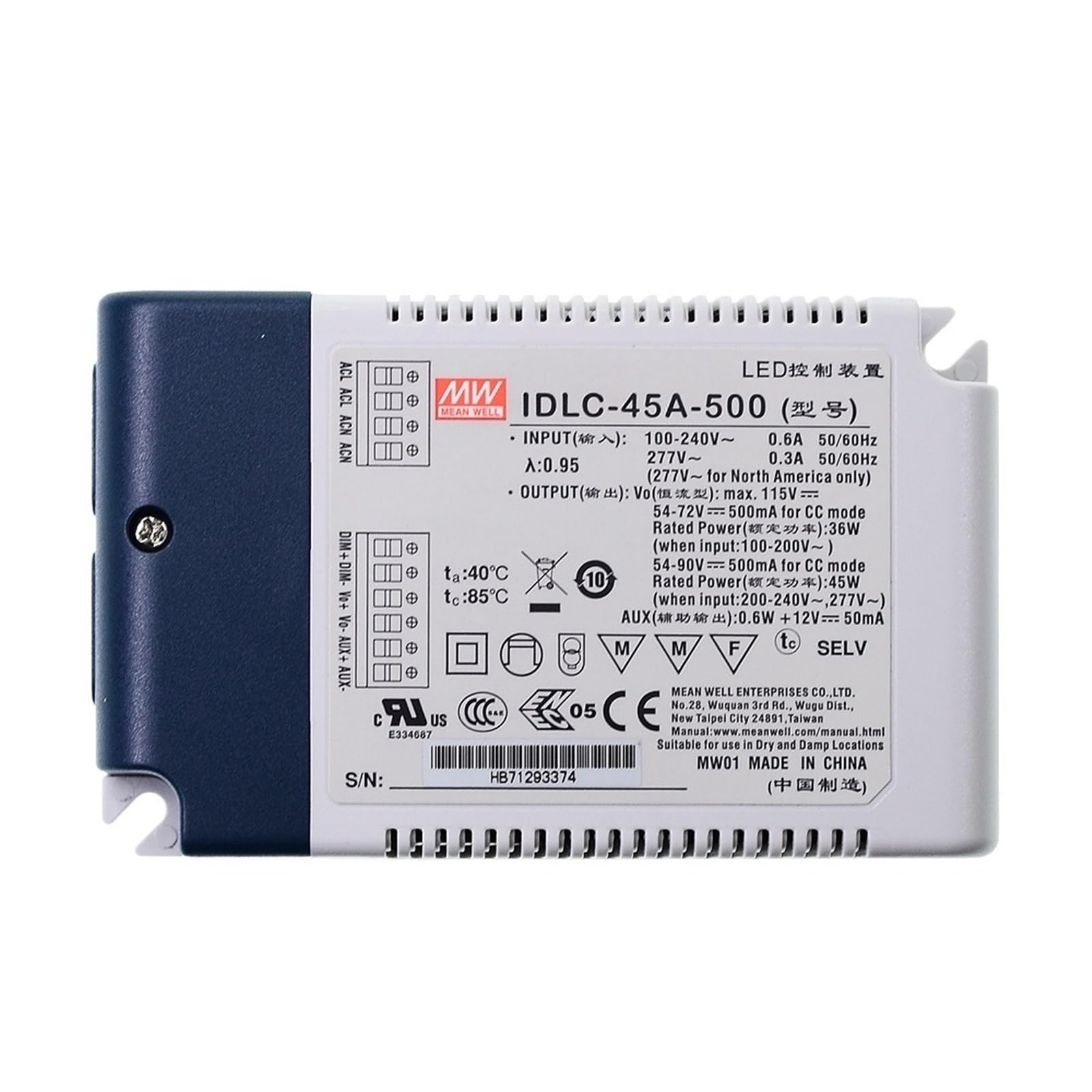 FCARUMIQP IDLC-45A-1050 45W 26-43V 1050mA Dimming LED Driver Flicker Free Dimmable Power Supply Auxiliary DC Output