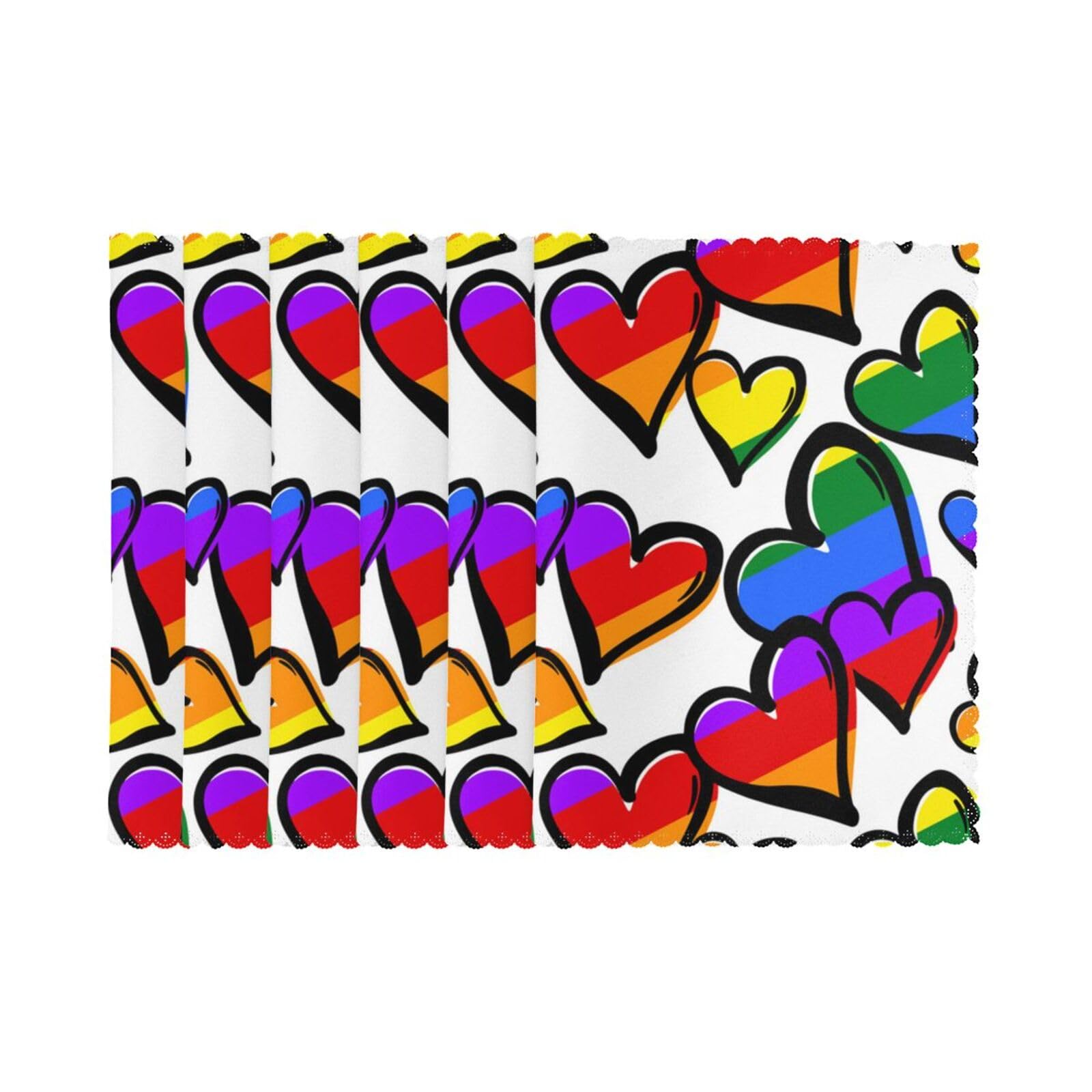 6 PCS Heat Resistant Placemat 45x30 CM, Rainbow Colored Gay Pride Hearts Printed Non-Slip Place Mats for Kitchen Dining Table Indoor Outdoor