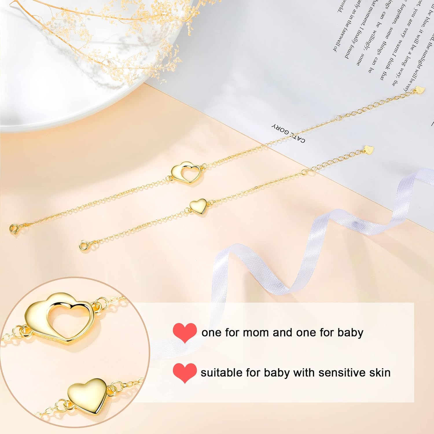 Mother and Baby Heart Bracelet 925 Sterling Silver, New Mom Gifts for Women After Birth, New born Infant Jewelry Gift