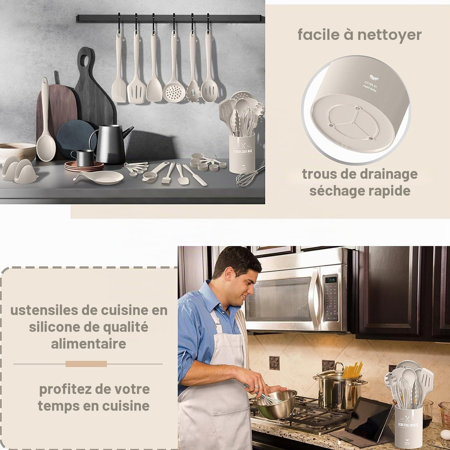 Lot de 43 ustensiles de cuisine en silicone résistants à la chaleur avec porte-ustensiles, antiadhésifs, passent au lave-vaisselle, kaki