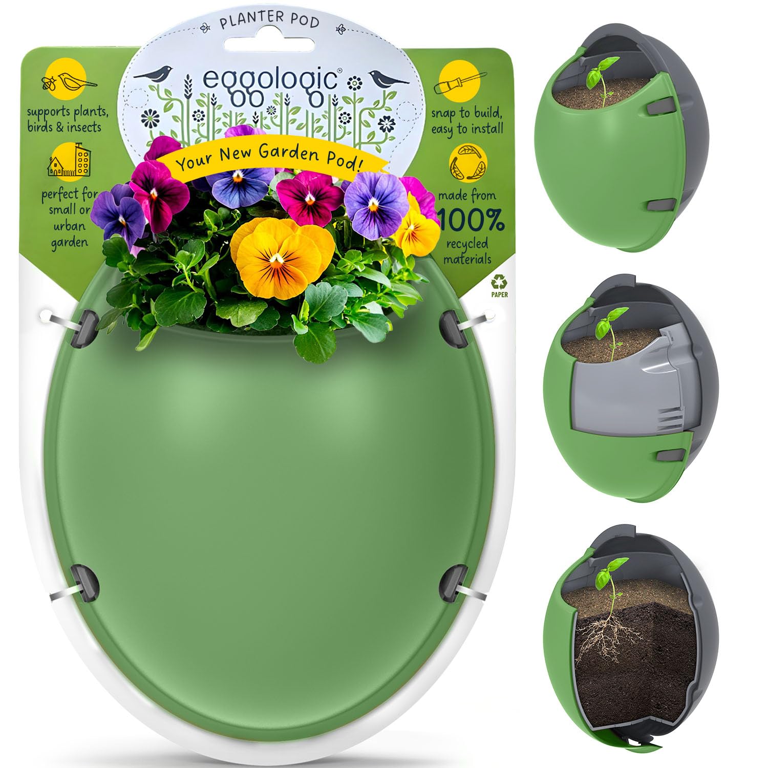eggologic Planter Pod - Vertical Garden Planter for Balcony, Patio, or Any Small Space – Outdoor Plant Pots for Flowers, Herbs, and Small Plants - 100% Recycled Materials, Tuscan Green