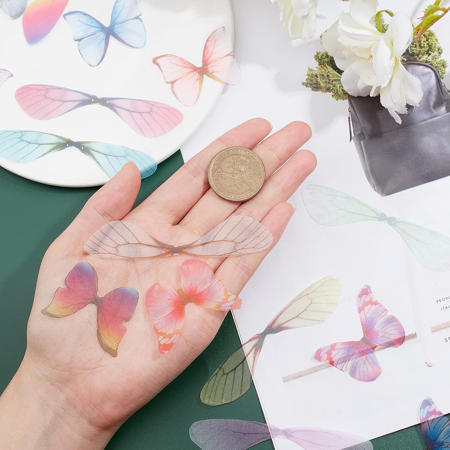 SUNNYCLUE 120Pcs 20 Styles Dragonfly Wing Charms Flying Butterfly Pendants Polyester Fabric Wings Ornament Accessories for DIY Jewelry Crafts Earring Necklace Hair Clip Decoration image 3