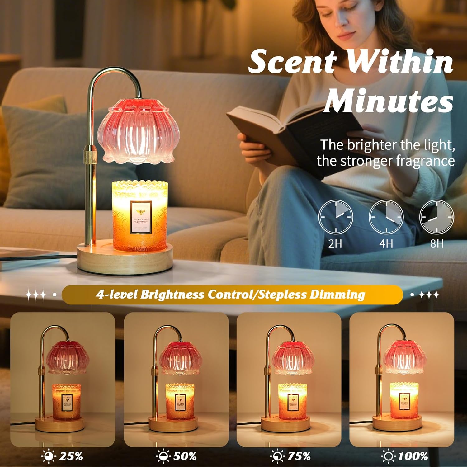 HAIDOLIANG Candle Warmer Lamp with Timer - Adjustable Height and Stepless Dimmable, Birthday Gifts for Women/Mom, Flower - Unique Home Decor Room Essentials (Pink)