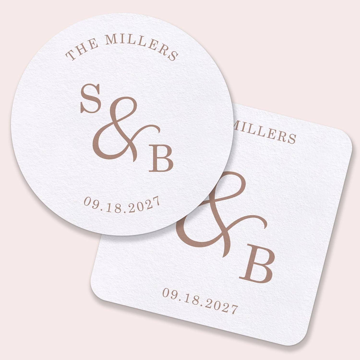 Big Dot of Happiness Personalized Simple Script Mocha Brown Drink Coasters, 4-Inch Disposable Round Paper Coasters for Wedding Anniversary Party, Funny Cocktail Table Decor for Bar Drinks - 25 Ct