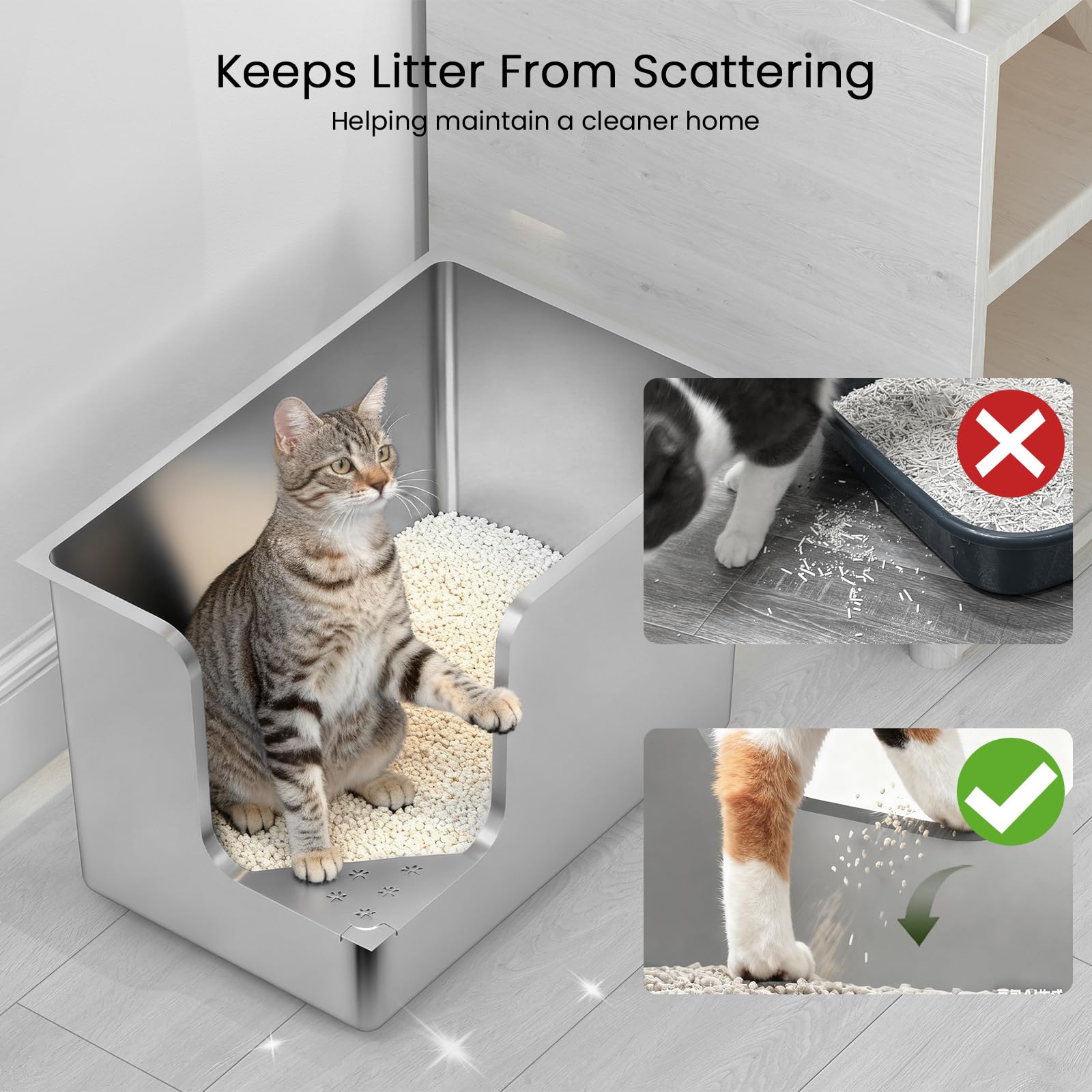 PTLOM Lebensmittelechtes Katzenklo Edelstahl XXL Katzentoilette 30CM hohe Seiten,Ecköffnung, mit Rädern, antihaftbeschichtet, geruchsneutral, für große/mehrere Katzen