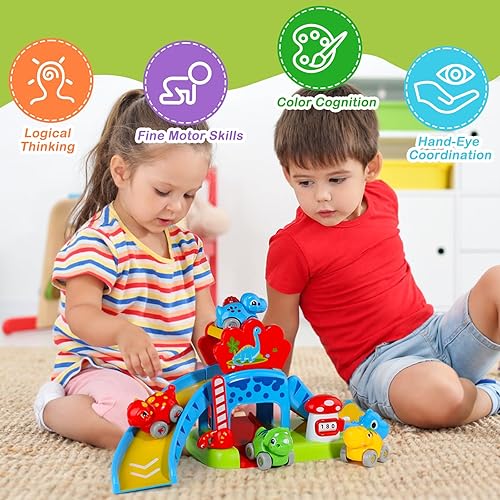 Miniatura 5 de Juguetes para bebés para niños y niñas de 1 año, juego de diapositivas de dinosaurio con 4 coches de empuje de colores y números, juguete de