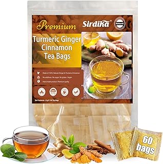 Turmeric and Ginger Powder Supplement - 60 Teabags 3 in 1 Turmeric Ginger Cinnamon Tea Bags, Curcuma Teas Bag Hand-made Blend, 100% Natural & No Additives & Caffeine Free, Improve Digestion, Support Brain, Weight, Skin and Sleep(60 Count)