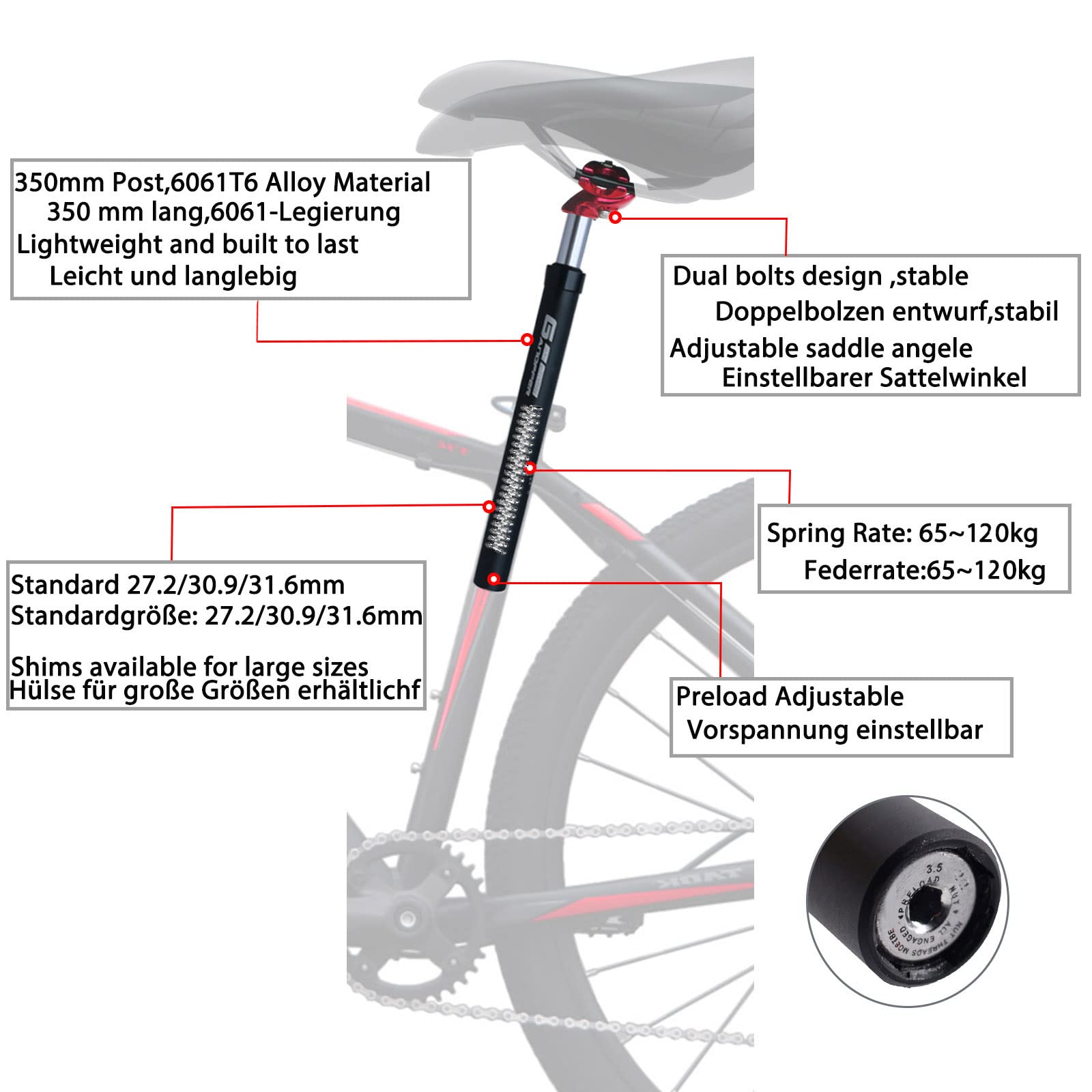 Sattelstütze Gefedert 27.2/28.6/30.0/30.4/31.6/33.9/34.9 350mm Alu Mit Konverter Für MTB BMX Mountainbike Rennrad E-Bike