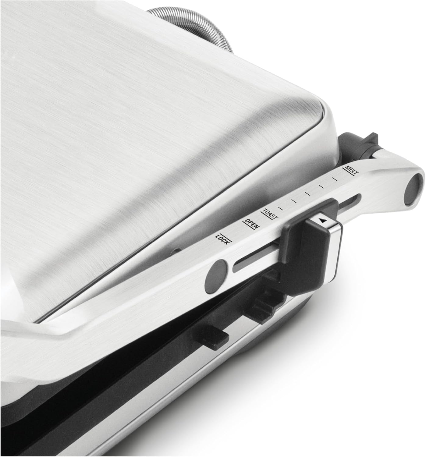 Close-up of the height adjustment lever on the side of the Breville AdjustaGrill & Sear, showing settings like Melt, Toast, Open, and Lock.