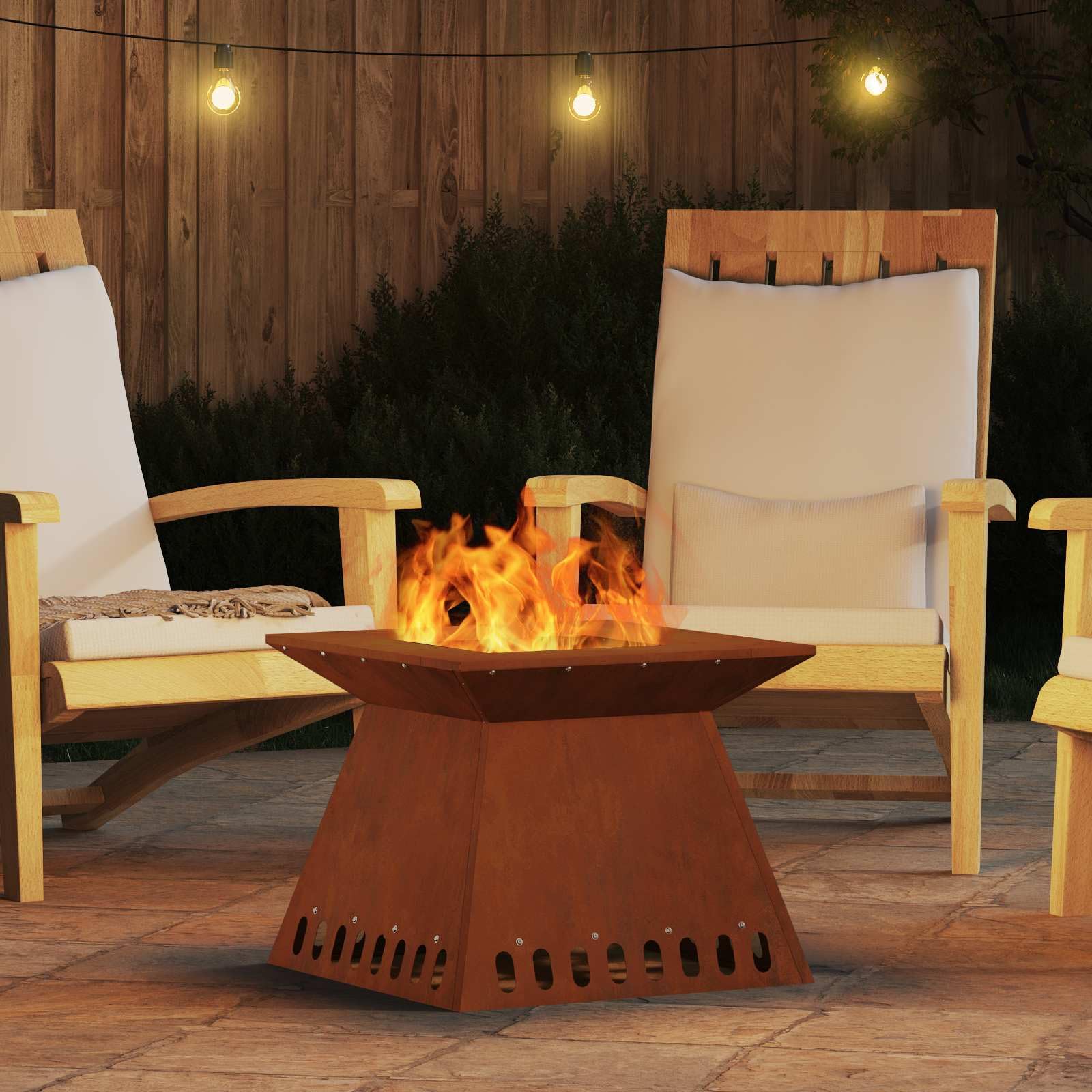 Feuerstelle aus Wetterfeststahl Braun quadratisch 48 x 48 x 40 cm für Holz im Garten Terrasse Balkon, kamin ofen feuerstelle, Wärme und Rauchabzug im Außenbereich