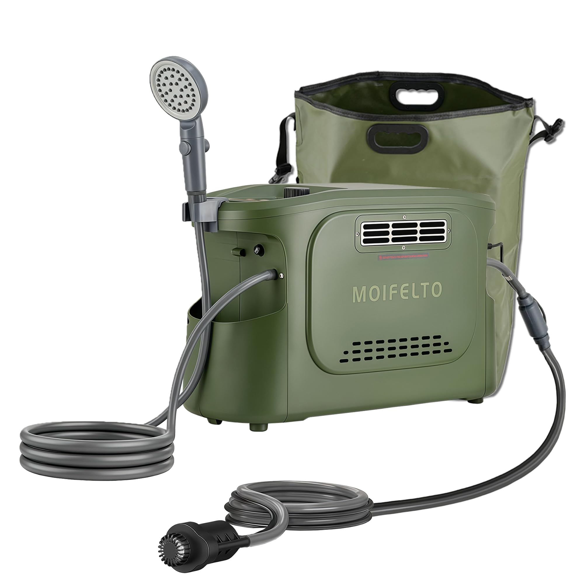 Sistema doccia portatile da campeggio con acqua calda istantanea per uso esterno, design di archiviazione integrato, batteria ricaricabile da 5200 mAh, secchio da 40 l, display a LED, ricarica di tipo