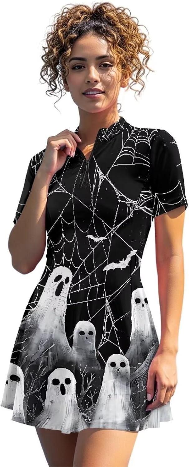 Irisjudy Women V Neck Tennis Dress Happy Halloween Zip Polo Golf Dress with Built in Shorts Skull Bat Workout Active Outfit