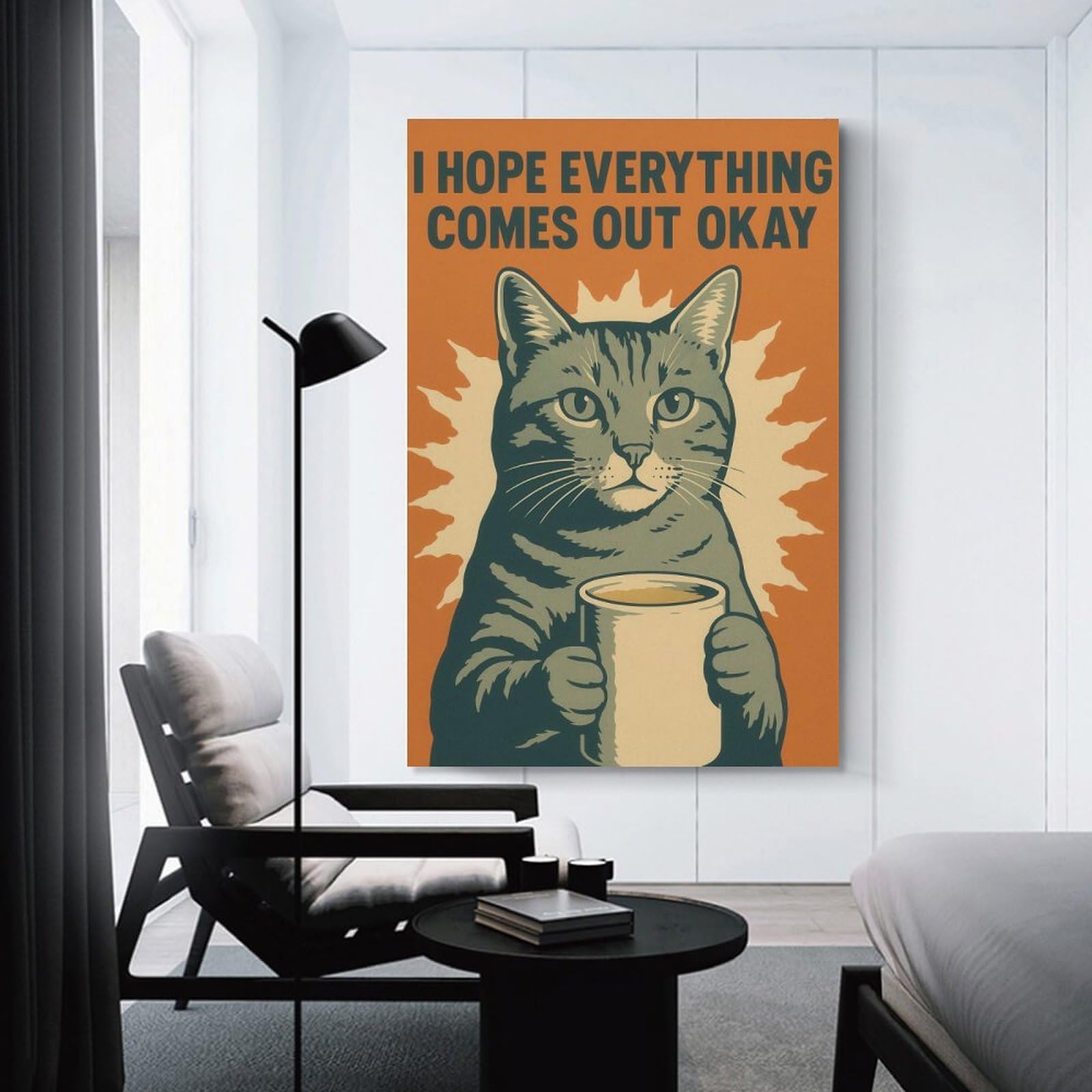 Junmoney Cat with Coffee - Hopeful Toilet Message Wall Decor Canvas Print, 12x18inch(30x45cm), for Small Homes, Bedrooms Or Open Spaces, Wall Decor with Flexible Room Appeal