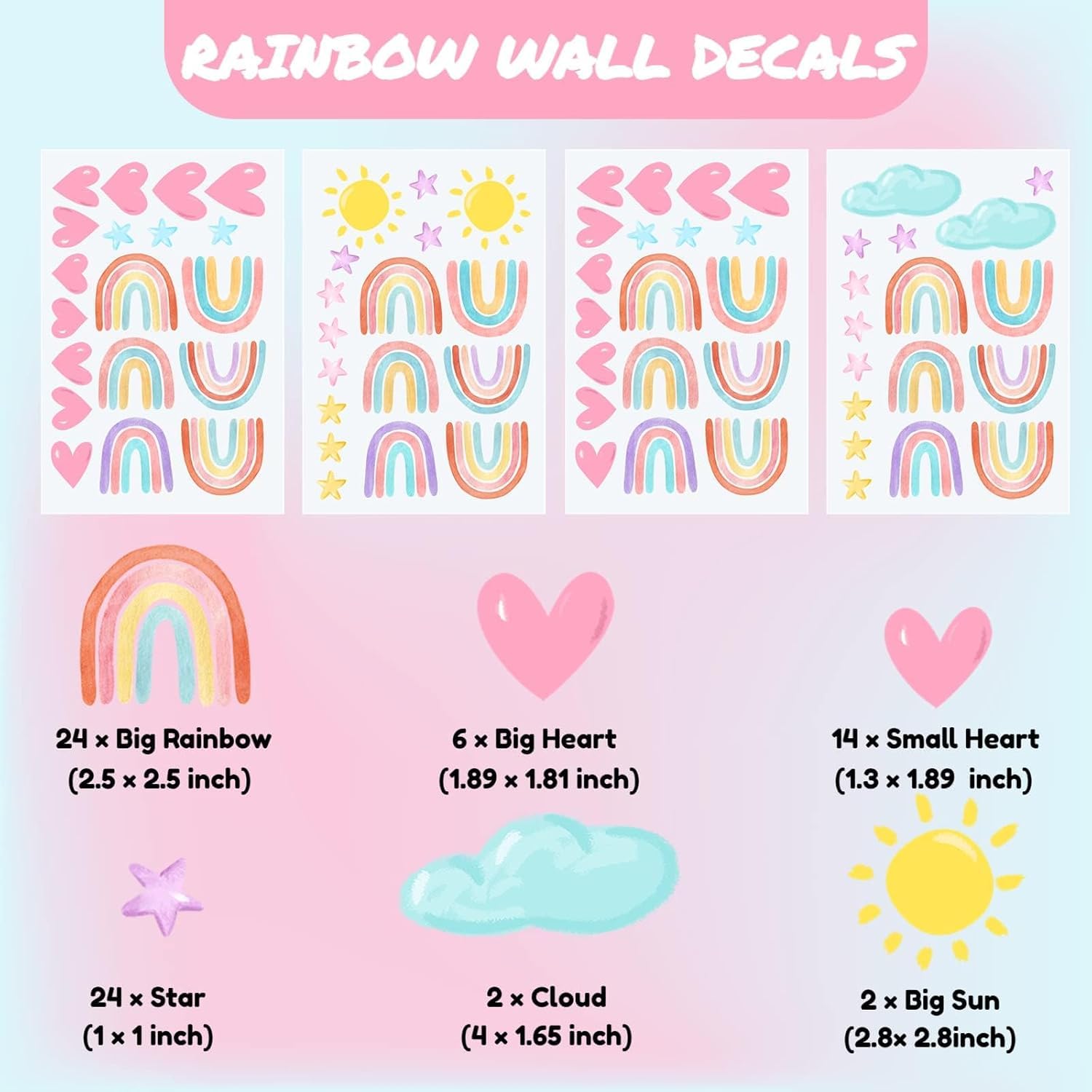 Rainbow Wall Decor Stickers Small Rainbow Decal Watercolor Heart Star Sun Wall Stickers Decor for Girls Boys Baby Bedroom Nursery Playroom Party Sticker - Image 3