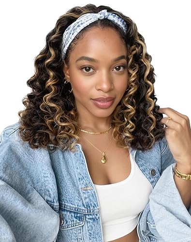 QUEENTAS 14 Inch Deep Wave Curly Headband Wig, #4/27 Brown