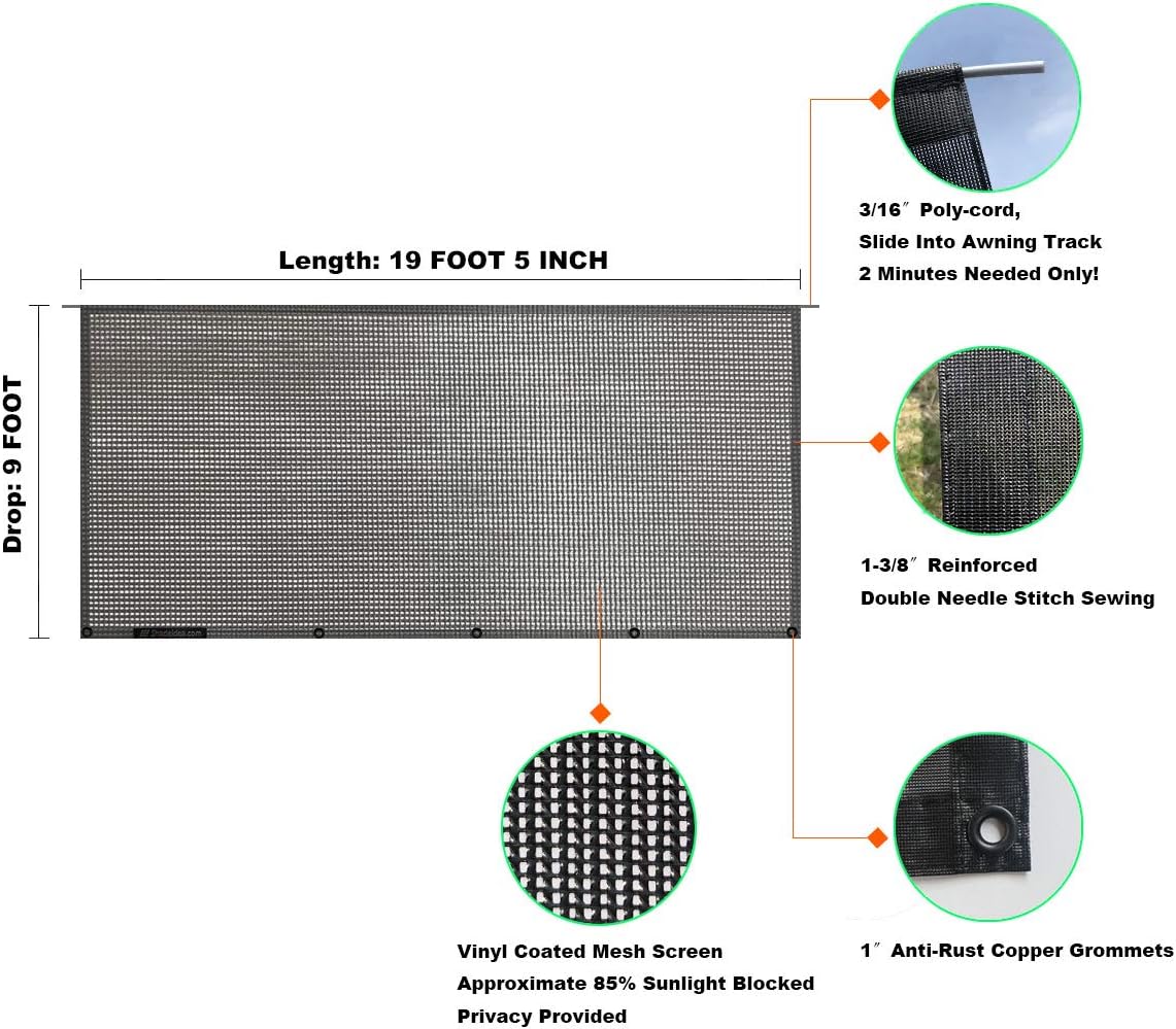 Shadeidea RV Awning Sun Shade Screen for Rv Awning - 9' X 19' 5'' (fit for 20' Awning) Black Mesh Sunshade Motorhome Camping Trailer Screen Shade UV Sunblocker Canopy Sunscreen - 3 Year Warranty