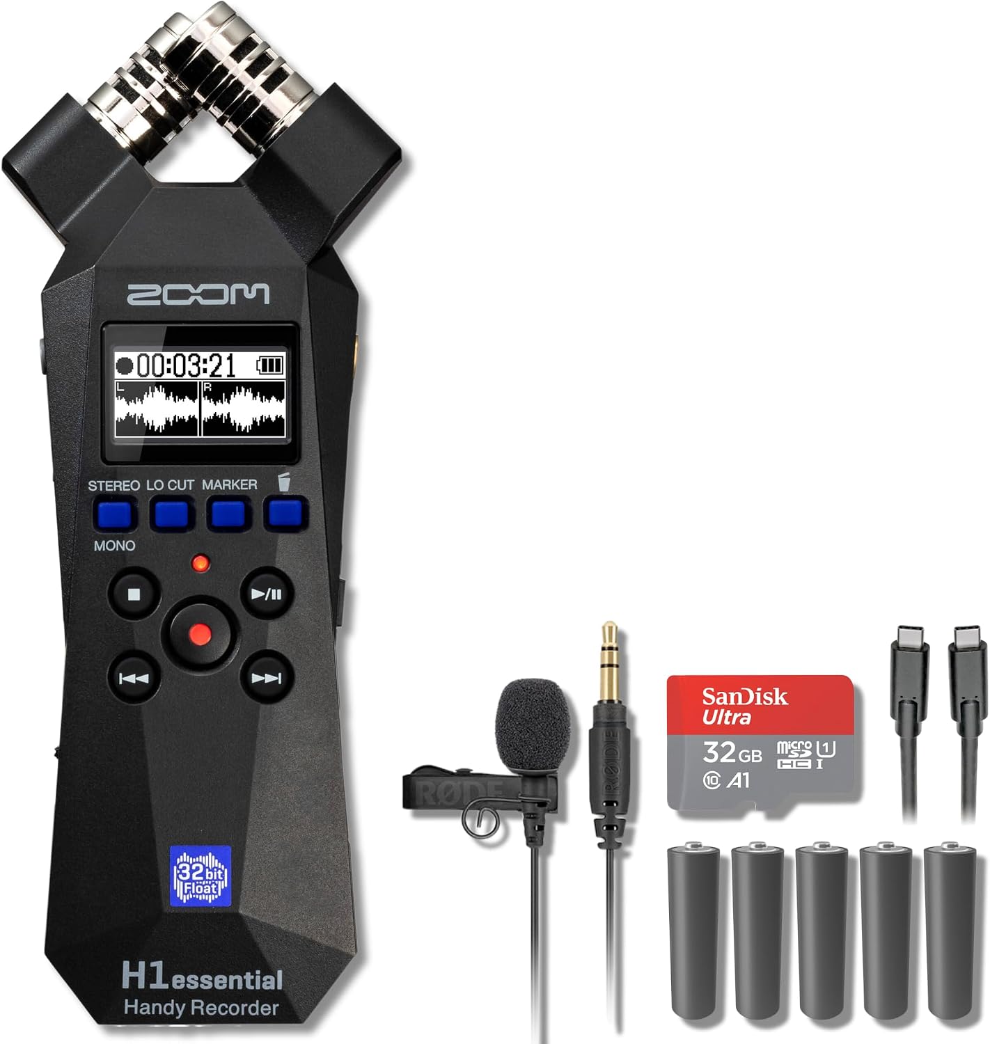 Zoom H1essential 32-Bit Float Handheld Recorder Interview Bundle with Rode Lavalier GO, USB-C Cable, 32GB microSDHC, and AAA Cells — Stereo X/Y Mic for Interviews, Documentary, Journalism