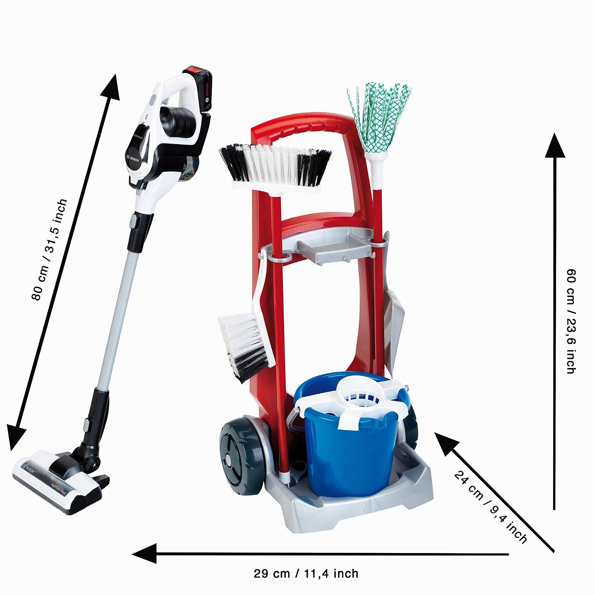 Theo Klein 6806 Chariot Ménage Avec L'Aspirateur Unlimited de Bosch - Chariot e Grande Stabilité Fabriqué Dans Un Plastique de Haute Qualité - Fonction Aspirante et Sonore - Jouet pour Enfants Partir de 3 ans