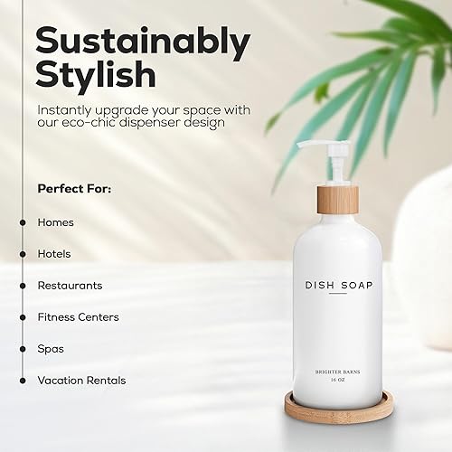 Miniatura 2 de Brighter Barns - Dispensador de jabón para platos de vidrio blanco para fregadero de cocina, juego de dispensador de jabón de cocina con bandeja,
