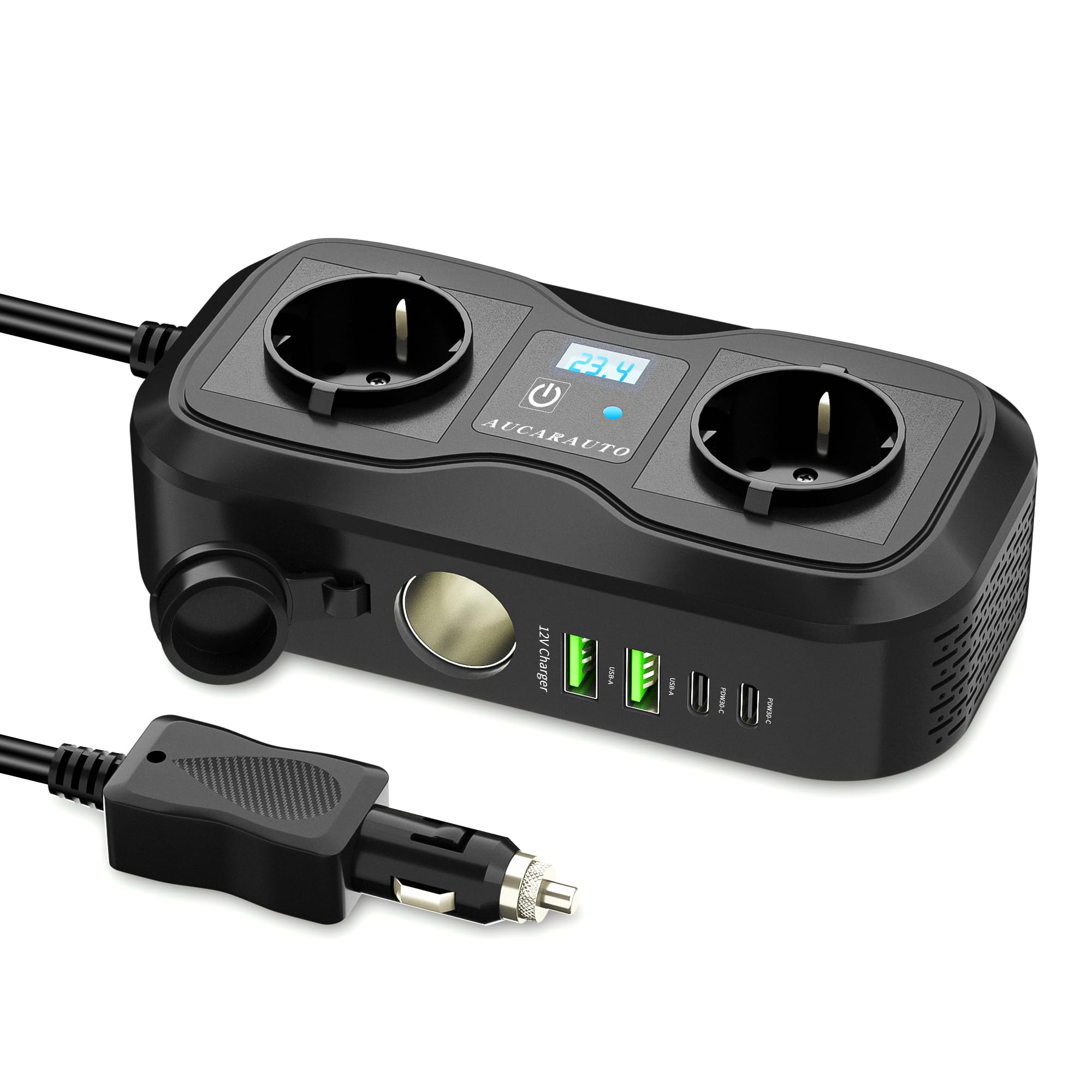 7in1 Wechselrichter 12V auf 230V, 200W Auto Spannungswandler Stromwandler mit 2 Steckdosen und 4 USB-C USB-A Ports Schnelles Aufladen KFZ Ladegerät mit Zigarettenanzünderstecker für Laptop