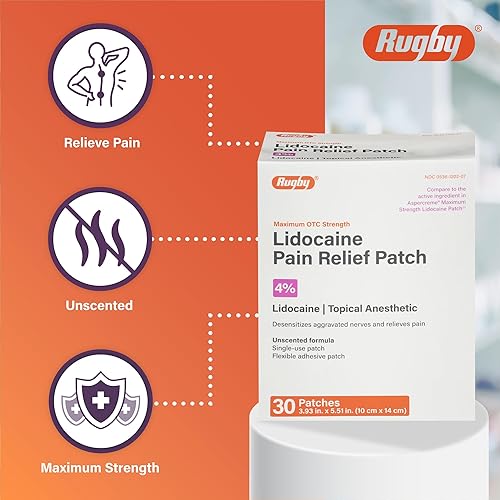 Miniatura 3 de Rugby - Parche para aliviar el dolor de lidocaína de máxima resistencia, 4% de lidocaína, anestésico tópico, sin perfume, 30 parches (1 unidad)