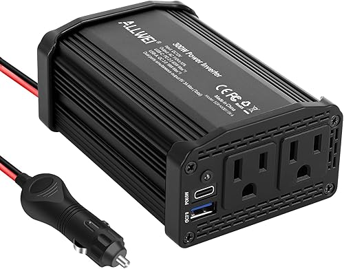Miniatura 2 de ALLWEI Inversor de coche de 300 W con puerto USB 3.0 USB-C de 65 W - CC 12 V a 110 V (negro y azul)