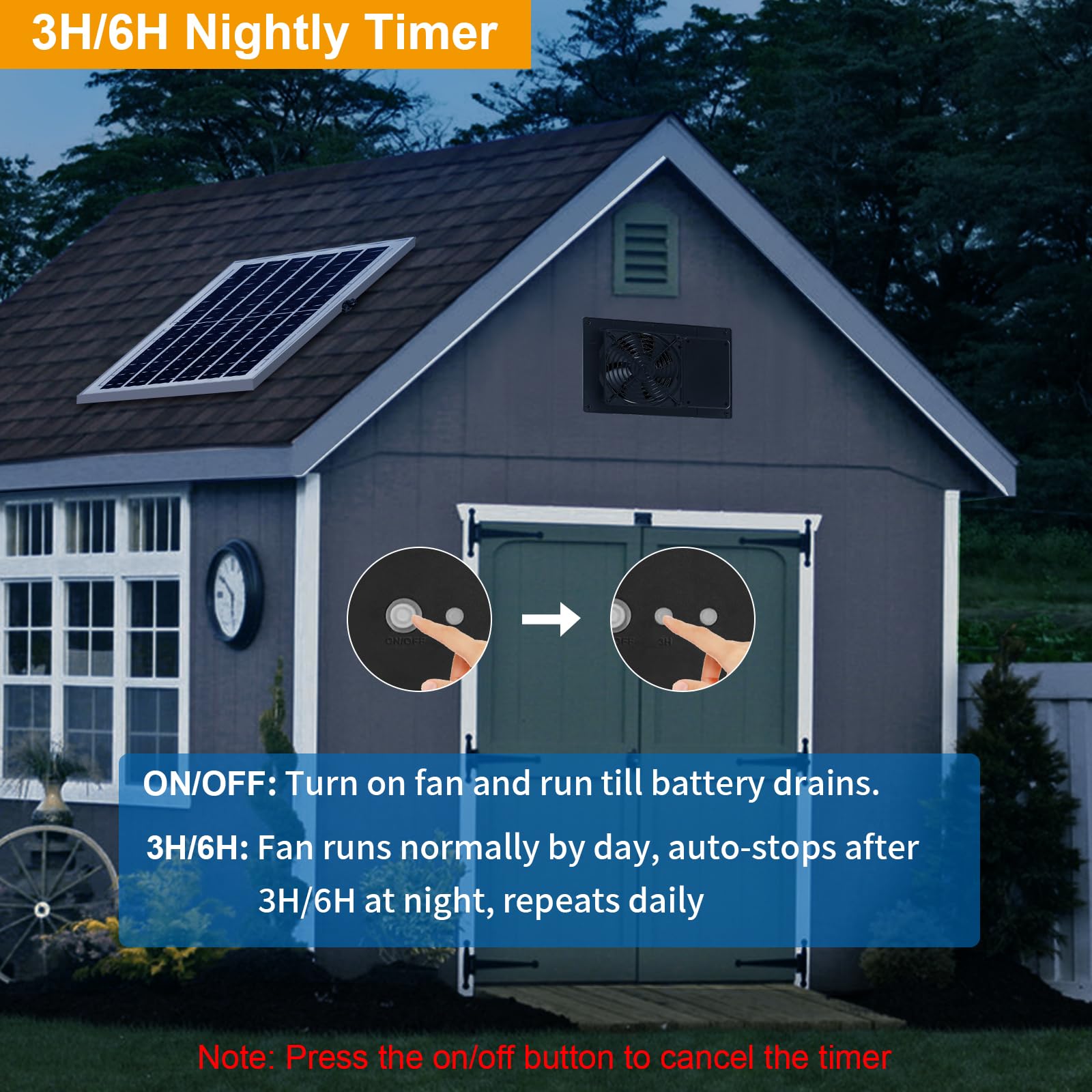 Ventilador de escape solar con batería y temporizador de 3H/6H, alta velocidad IP65 impermeable, ventilador de ventilación solar para gallinero, invernadero, casa de perro y cobertizo, bajo