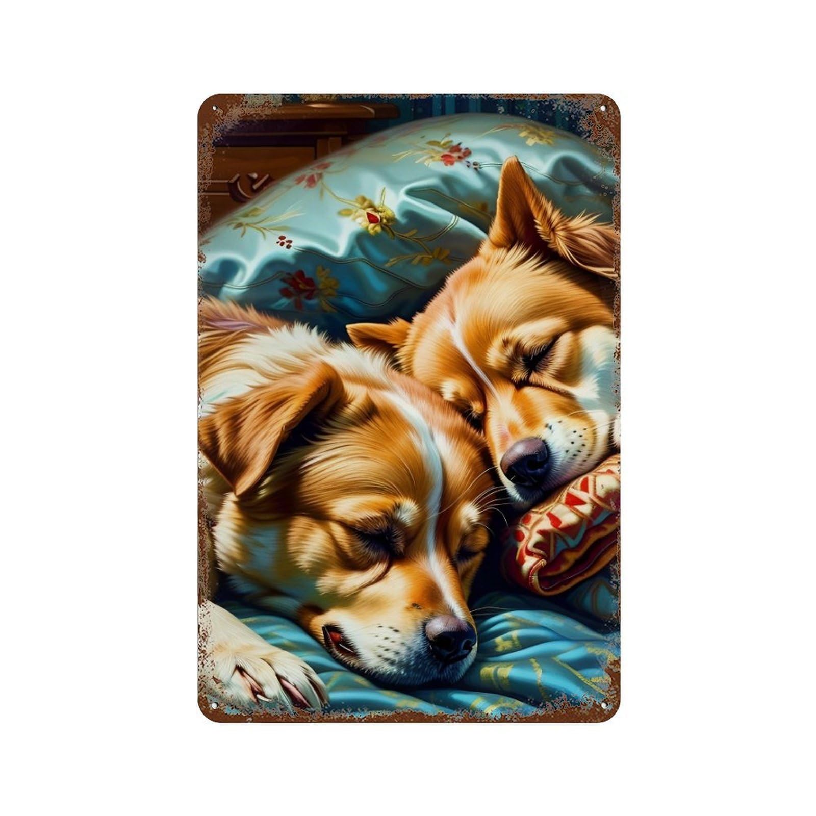 Retro Metal Sign with Golden Retrievers Resting on Comfortable Bed Design 11.8"x7.9", for Farmhouse, Kitchen And Entryway Decor, Shabby Chic Decor