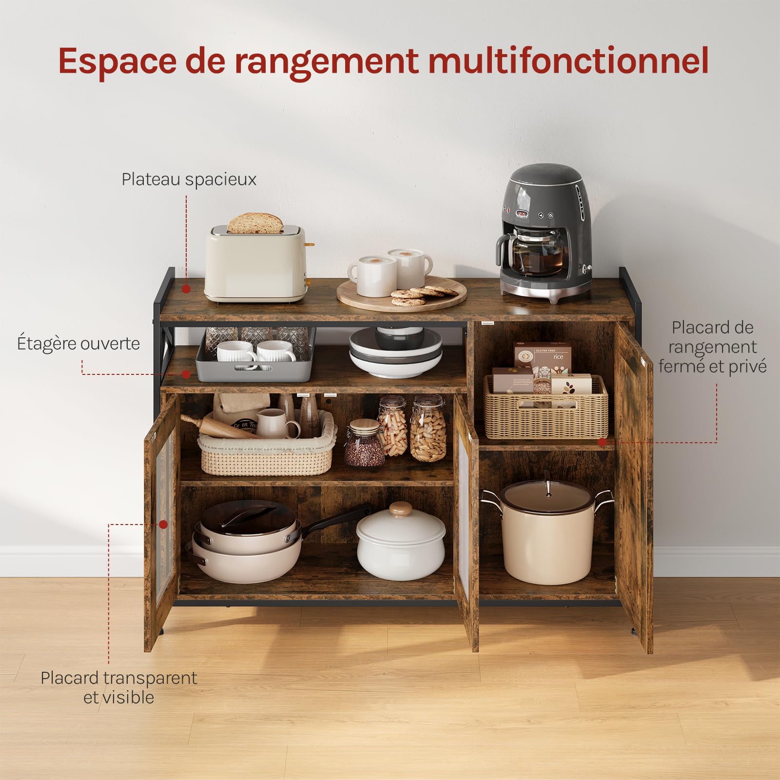 WOLTU Buffet de Cuisine, Meuble de Rangement, avec 3 Portes, Plan de Travail et Compartiment Ouvert, pour Cuisine, Salon, Entrée, 110x33x75 cm, en Bois + Métal, Marron Rustique