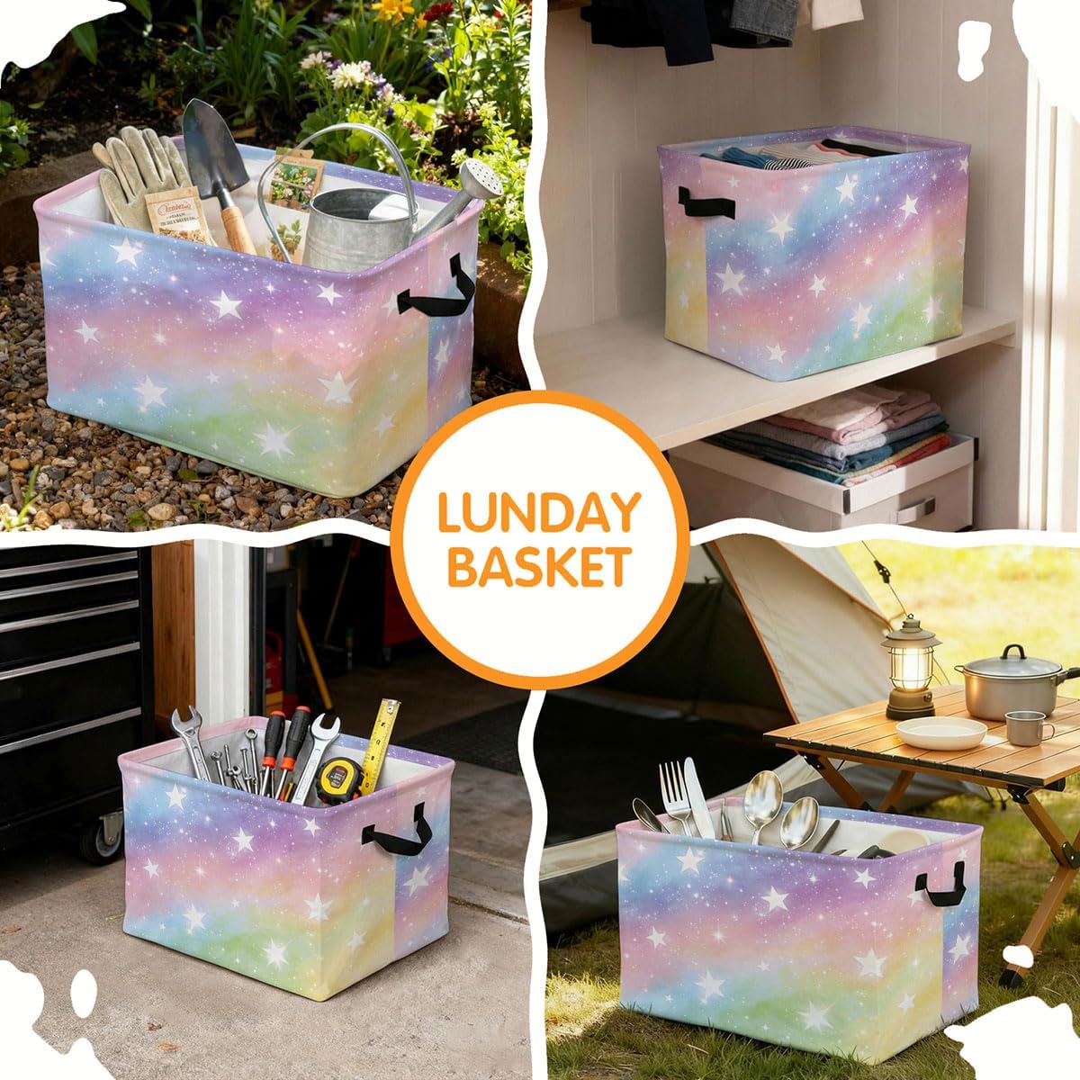 56L Rainbow Star Foldable Square Laundry Hamper with Handles – Large Clothes, Blanket & Toy Storage Basket for Home Organization.