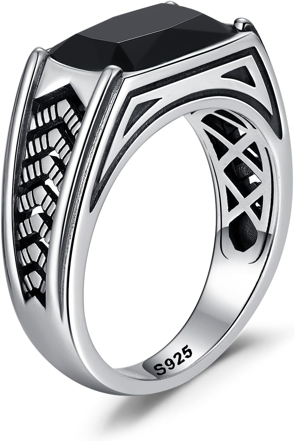 925 Sterling Silver Mens Teal Turquoise/Synthetic Black Onyx Rings Handmade Arrow Design Band Width 3.5mm Anillos de Hombre Thumb Ring for Birthday Jewelry Gift, Size 8-12 - Image 2