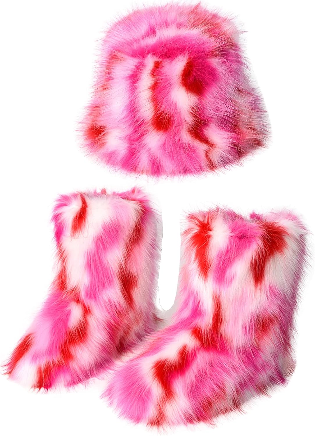 YESBOR Women's Winter Faux Fur Snow Boots Warm Fuzzy Fluffy Bucket Hat Rainbow Fisherman Cap