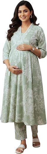 DUMMY SHAPE Feeding Kurta Set for Women Cotton Blend | Floral Anarkali Pregnancy Kurta Pant with Nursing Zipper, Side Pock...