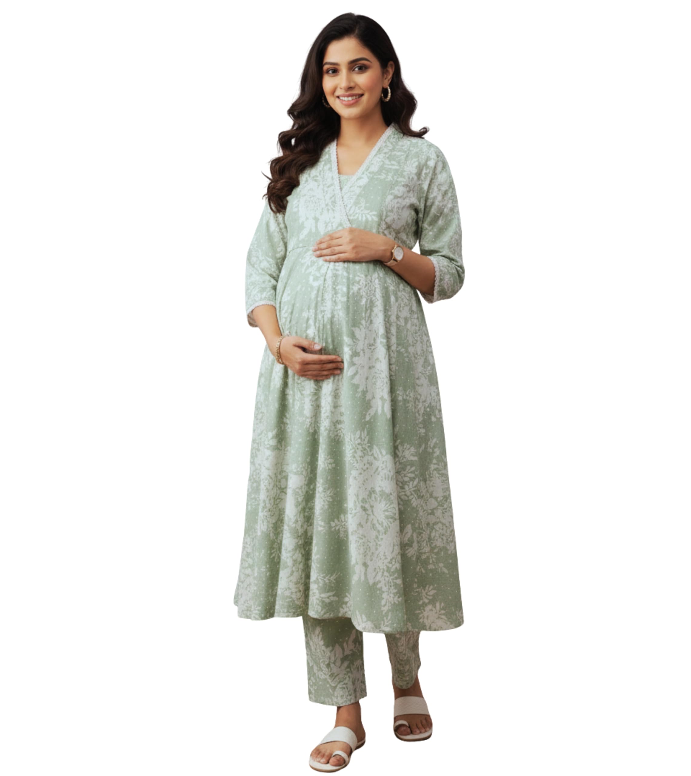 Maternity Dresses for Women Cotton | Floral Anarkali Kurta Pant Suit Set with Nursing Zippers, Side Pocket to Pre & Post Pregnancy | Baby Shower Gifts for Mom