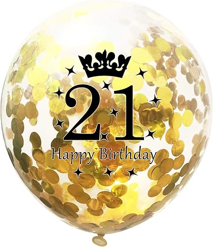 Miniatura 3 de Globos de cumpleaños número 21 de SHUNTAI, decoraciones de cumpleaños número 21 en negro y dorado para él o ella, globo de confeti de látex dorado,