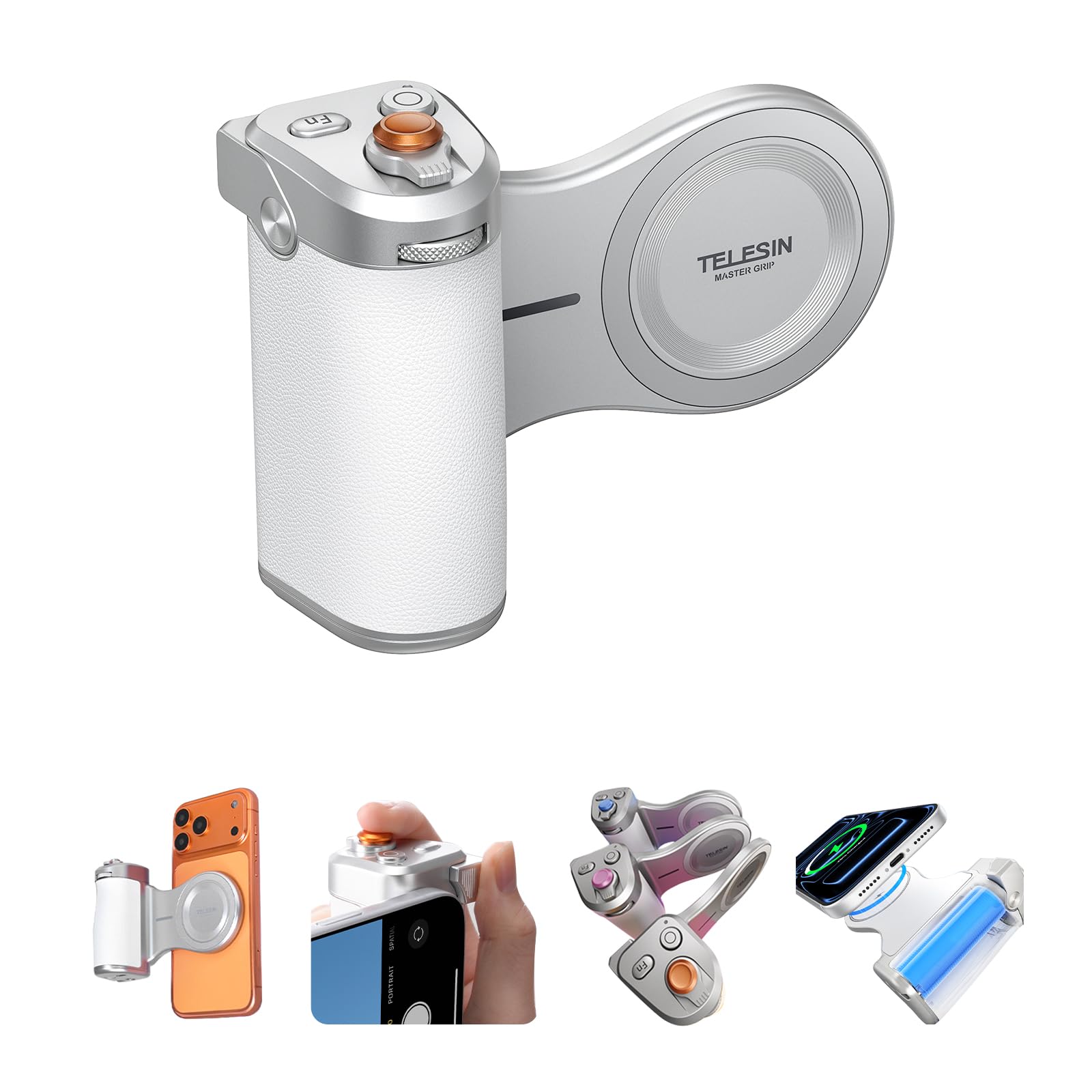 Master Grip Kit per iPhone 17-12 & Android, Impugnatura Magnetica per Fotocamera per Telefono, Pro Shot Imaging Phone Grip, Batteria Integrata da 3200 mAh, Ricarica Wireless (Bianco e Argento)