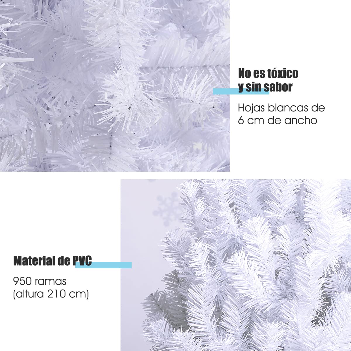 GOPLUS Árbol de Navidad Artificial Blanco de 150/180/210/240 cm con 950 Puntas de Rama PVC, Decoración Navideña Festiva con Soporte de Metal, Árvore de Natal Tradicional con Nieve (210cm Blanco)
