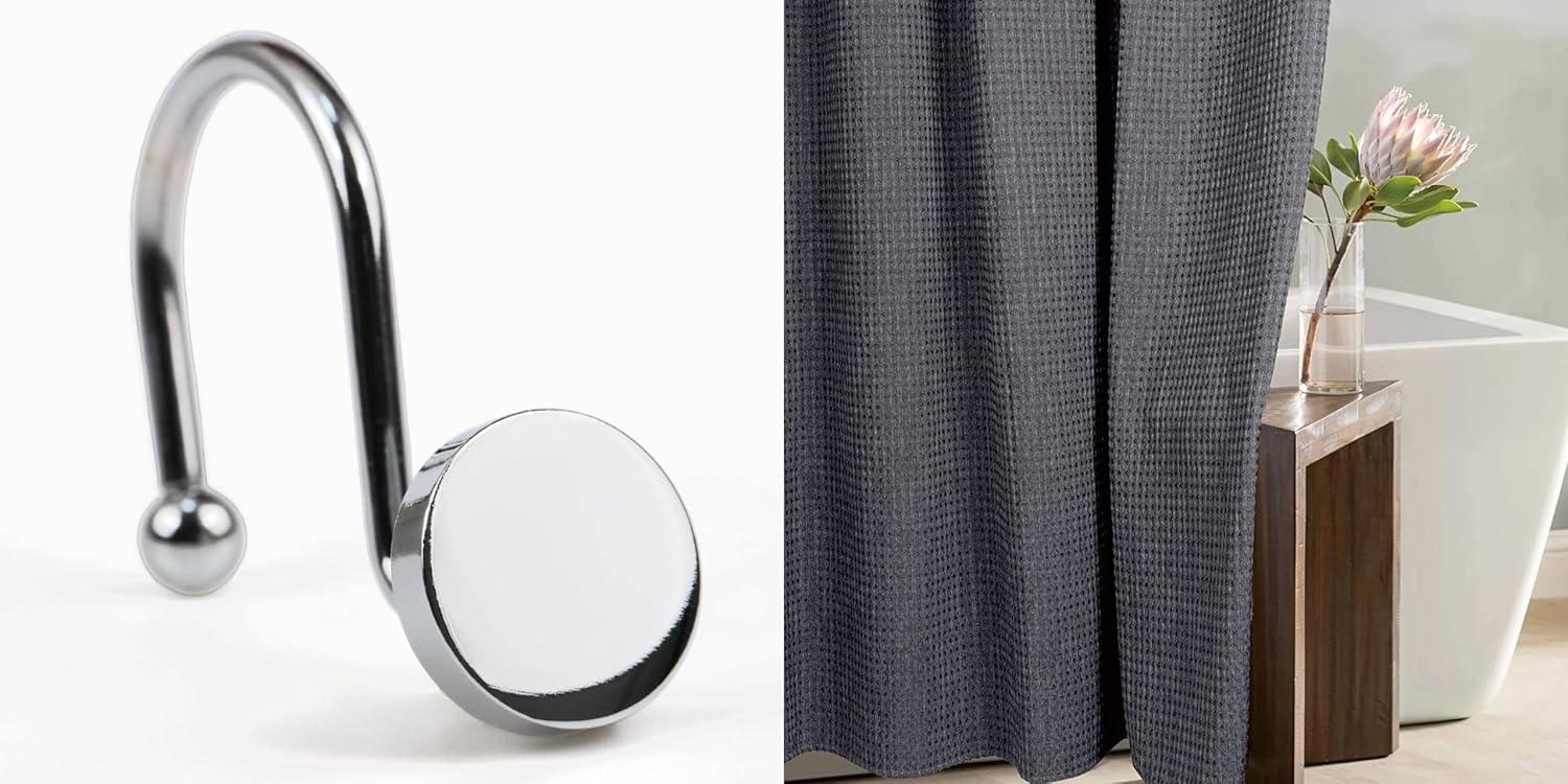 Grey Waffle Shower Curtain & Nickel Button Hooks - 72x72 Waterproof Washable Heavy Duty Fabric Shower Curtain - 12 PCS Rust Proof Metal Shower Curtain Rings (2 Item Bundle)